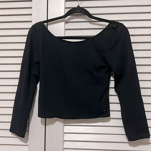 American Eagle Lace Back 3/4 Sleeve Crop Top Black;Women Medium